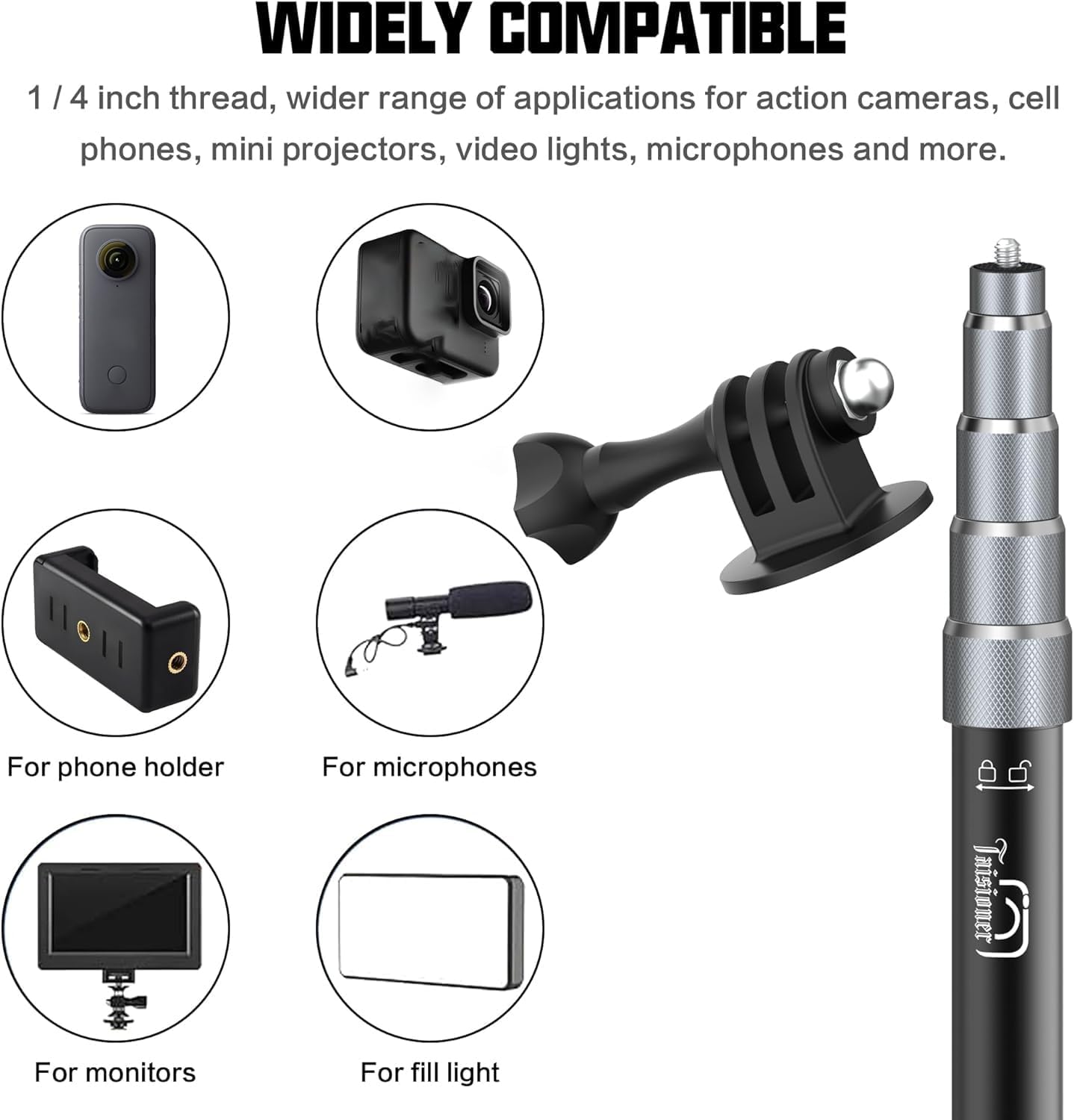 Taisioner Aluminum Alloy Motorcycle Handlebar Mount Double Clamp Locking Anti-Fall, 47" Invisible Selfie Stick for Insta360 X5/X4/X3/X2/ONE RS/GO 2/3 Hero 13-7 DJI Camera