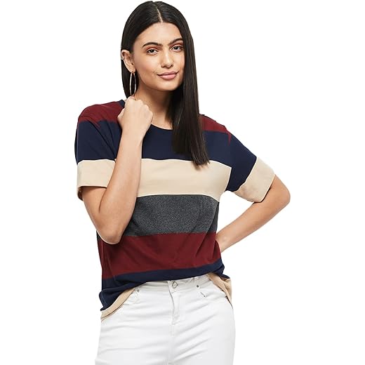 Womens Cotton Regular Fit Striped Round Neck T-Shirt
