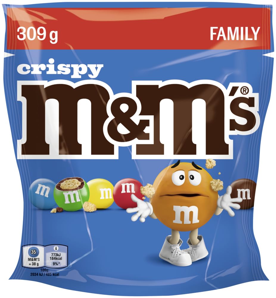 M&M’s Crispy, Schokolade, Knackige Schokolinsen mit Knusperkern und bunter Zuckerhülle als Süßigkeiten, Schokolade zum Teilen, 1 x 309 g