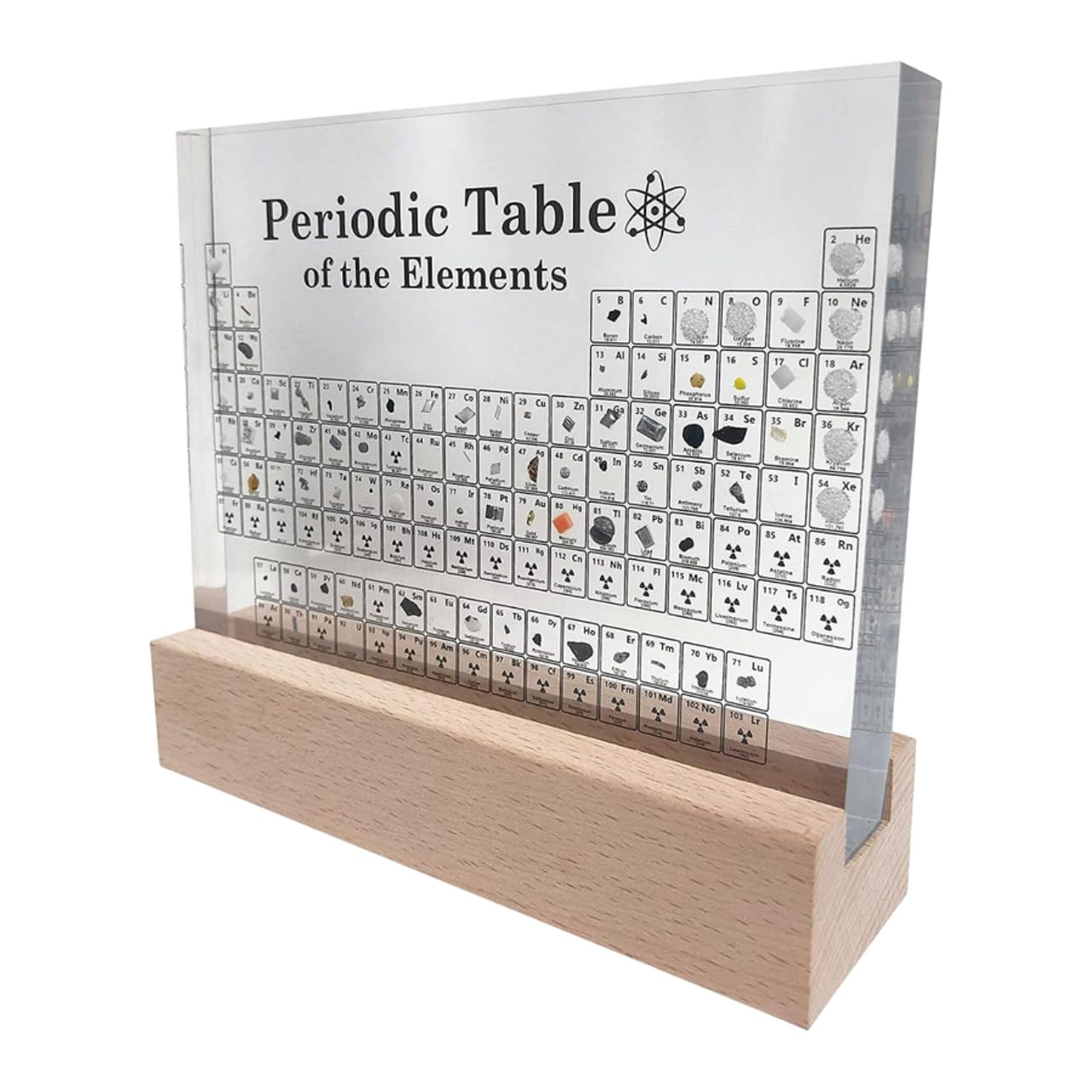 Tavola periodica con elementi reali e base in legno - Tavolo in resina trasparente e supporto in legno con luce LED a basso consumo - Regalo chimico per studenti, insegnanti, aule... (CON BASE)