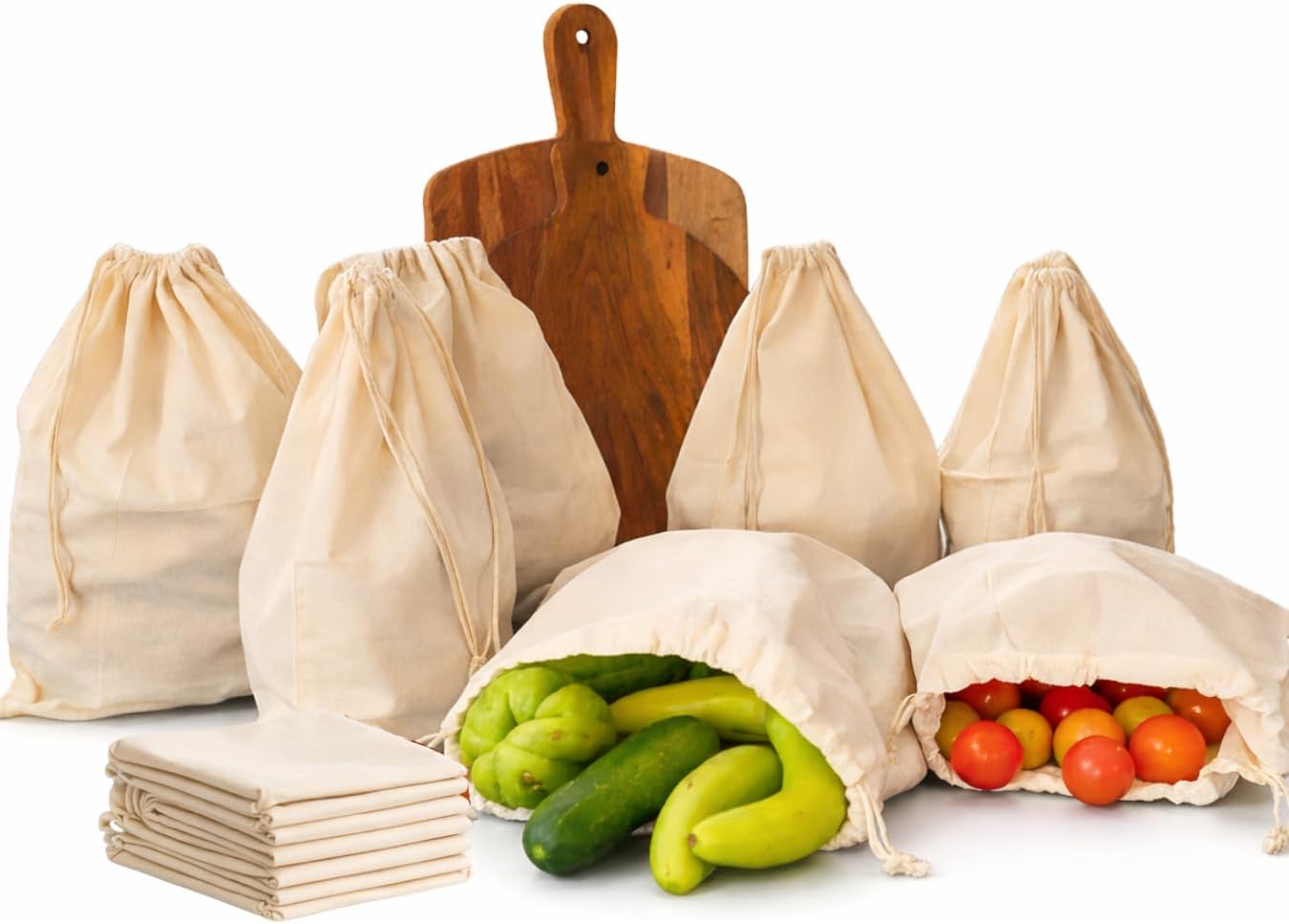 Pack of 12 Reusable Produce Bags, Mesh Produce Cotton Drawstring Washable Bags, Lightweight Muslin Fabric Produce Bag for Storing Fruits & Veggies, Mesh Bag for Fridge Storage: 10"x12"