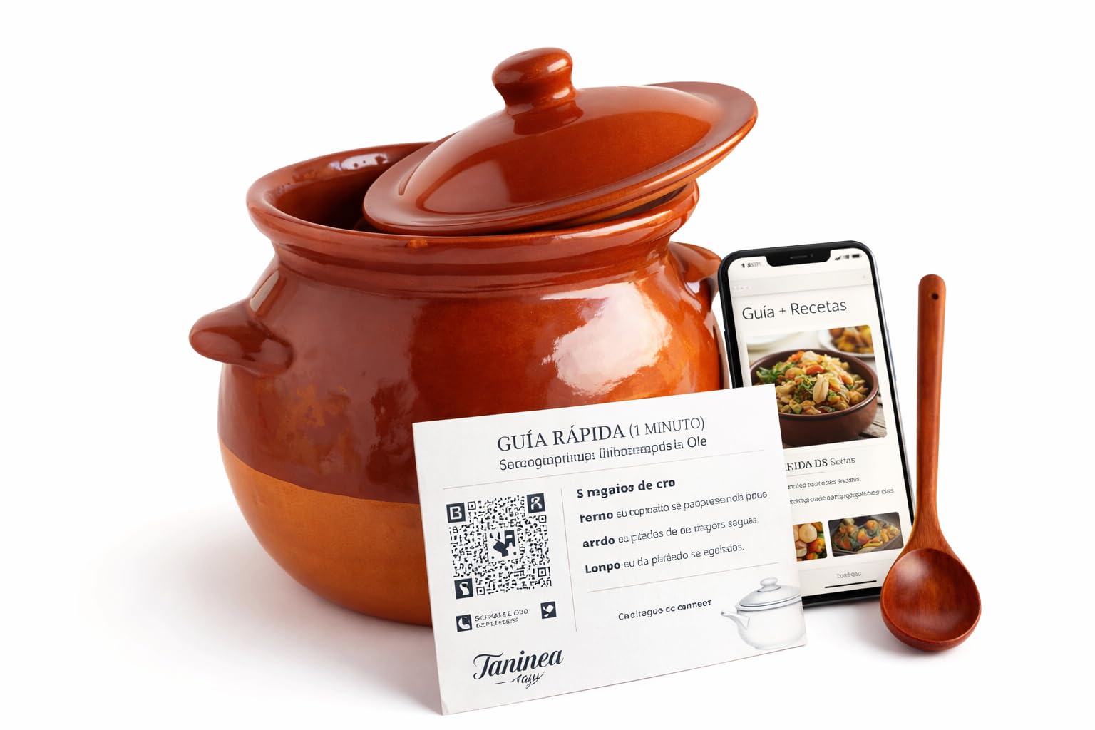 Olla/Puchero de Barro Refractario GRANDE Esmaltada 6 L – con Tapa y Asas – Incluye Cuchara de Madera + QR con Recetas y Guía – Cocción Lenta para Guisos Tradicionales