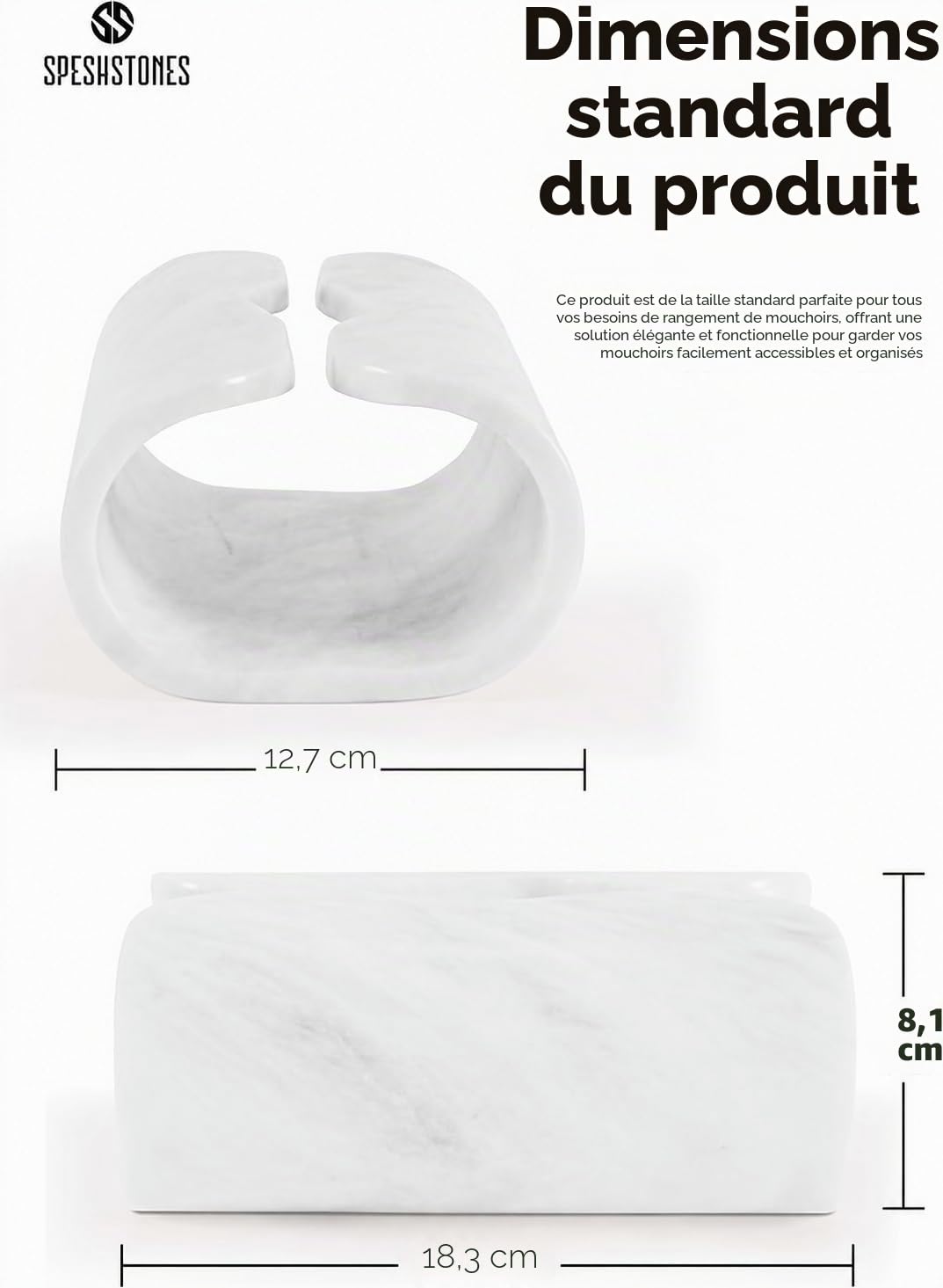 SPESHSTONES - Boîte à mouchoirs en marbre, rectangulaire, blanche, faite à la main, de 19 cm, pour salle de bain moderne et organisateur de maison - Boîte décorative pour mouchoirs faciaux pour la