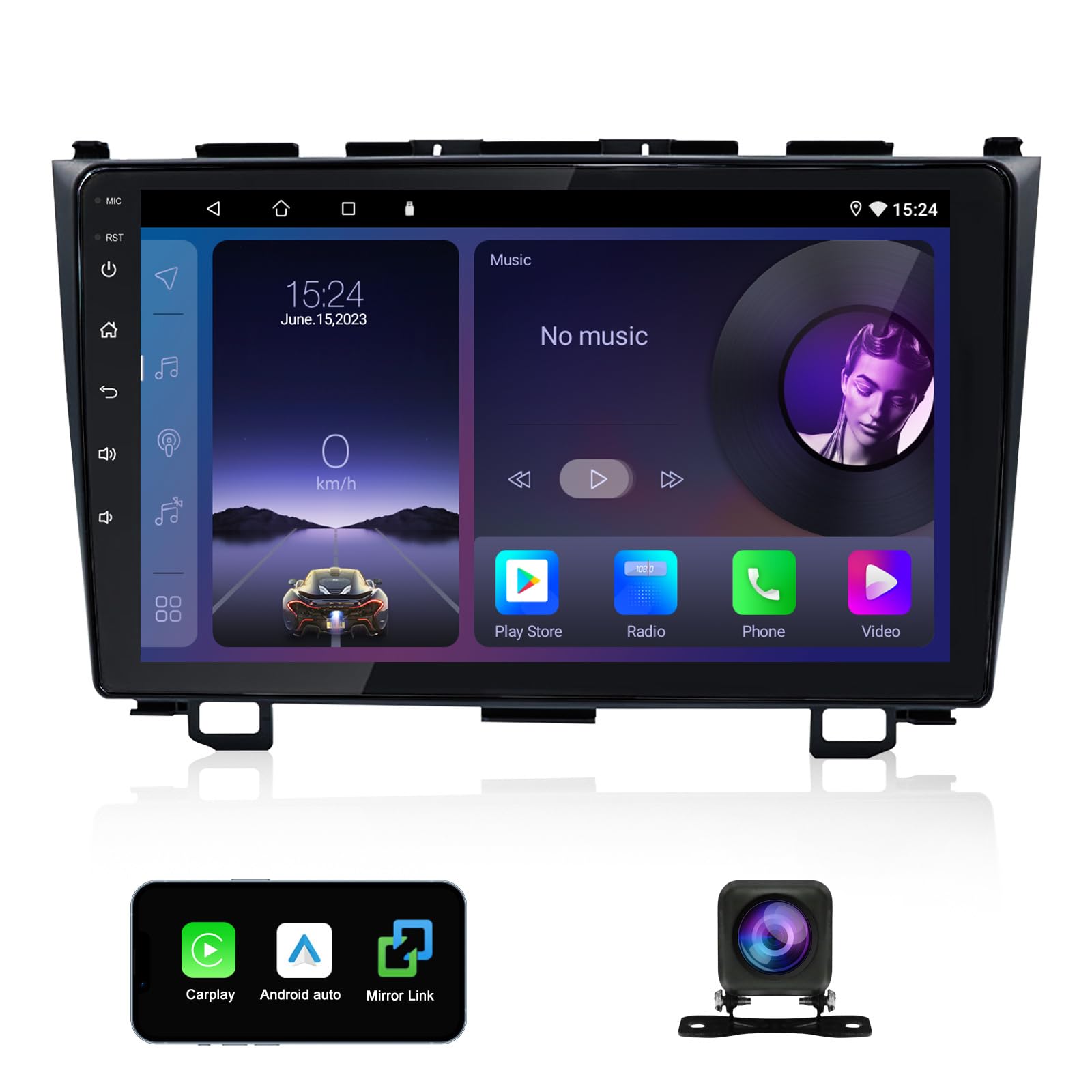 Apple Carplay for Honda CRV 2007-2011, 1280x720 QLED Touch Screen Car Stereo with Android Auto, 9 Inch Android Radio Support Bluetooth GPS Mirror Link FM Radio with AHD Backup Camera