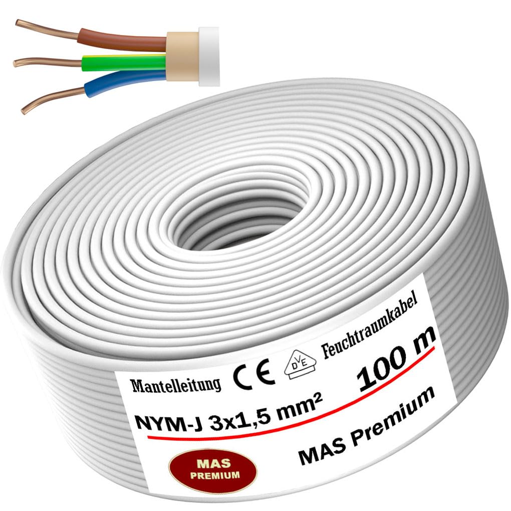 MAS Premium Kabel zasilający do wilgotnych pomieszczeń 5-200 m przewód płaszczowy NYM-J 3 x 1, 5 2,5 4 6 10 lub 5 x 1,5 2,5 4 6 10 16 kabel elektryczny do stałego montażu (NYM-J 3 x 1, 5 mm², 100 m)