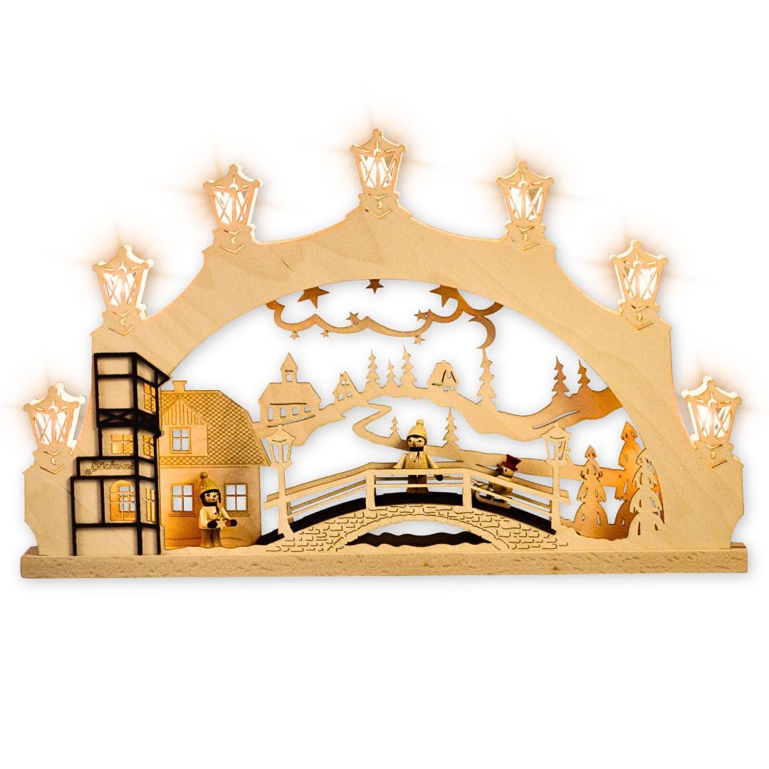 weigla - Schwibbogen original Erzgebirge I Lichterbogen Weihnachten I Motiv Winterkinder Erzgebirge I 7 Lampenkerzen + 1 Ersatzlampe I 7 x 34 V, 3 W, E10 I beleuchtete Weihnachtsdeko