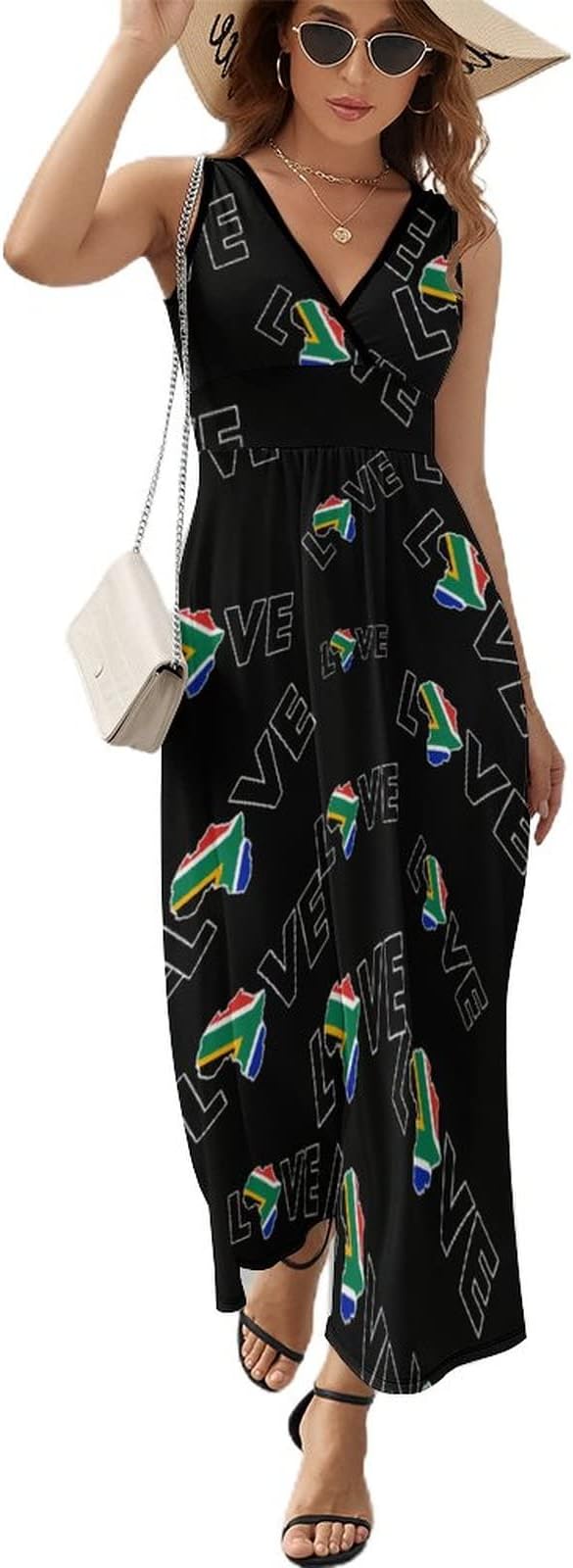 BAIKUTOUAN Love South Africa Printed Long Dress Sleeveless Funny V Neck for Women Summer