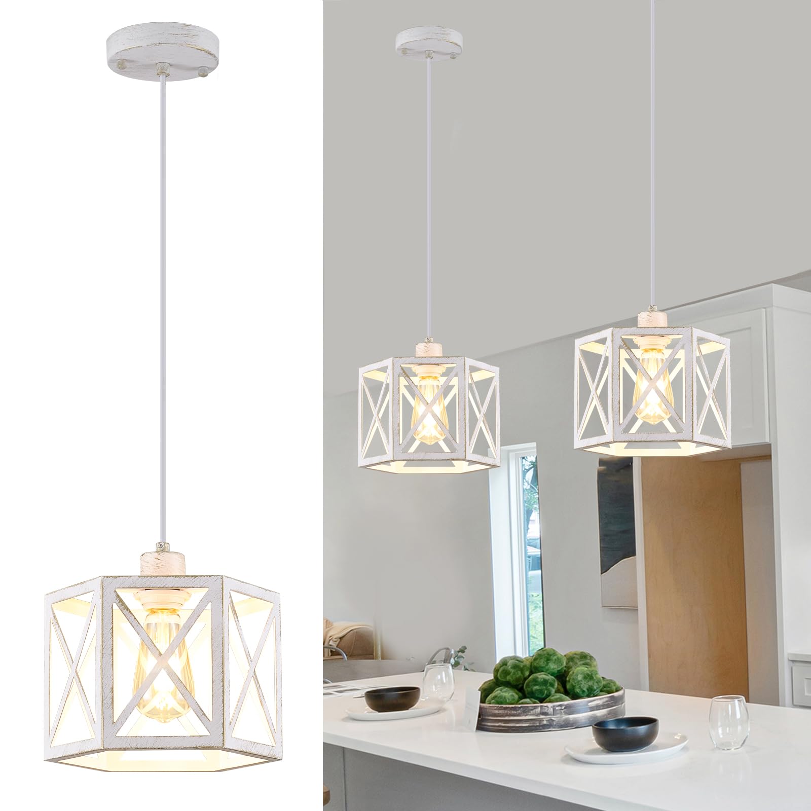 2 Pack Pendant Lights for Kitchen Island, Modern Pendant Lighting with White Hexagonal Cage, Vintage Metal Ceiling Lights, Adjustable Lantern Hanging Light Fixture for Foyer Entryway Bedroom