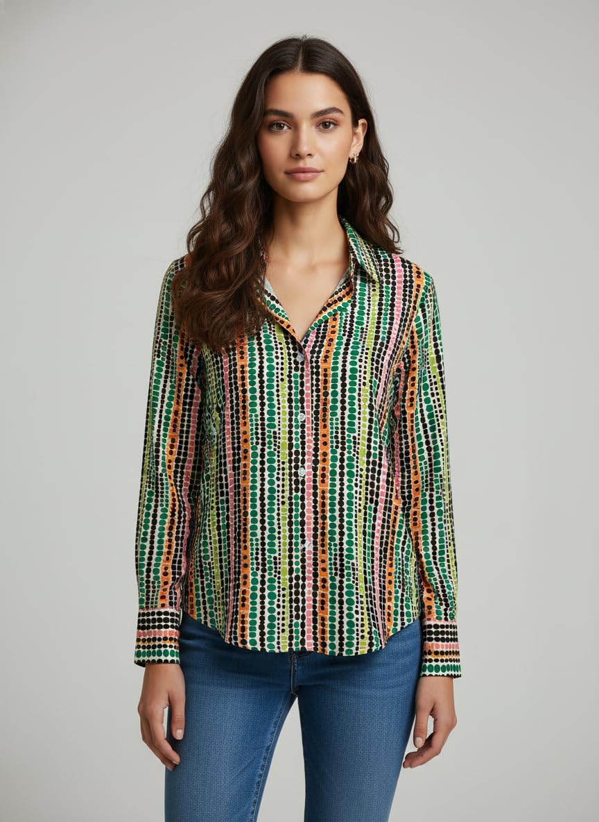 ANNI Designer Bedrucktes Damenhemd aus Baumwollmischgewebe, langärmelig, normale Passform, Hemdkragen, legere Bürokleidung, elegante Western-Kleidung für den Alltag, Hochzeit, Party