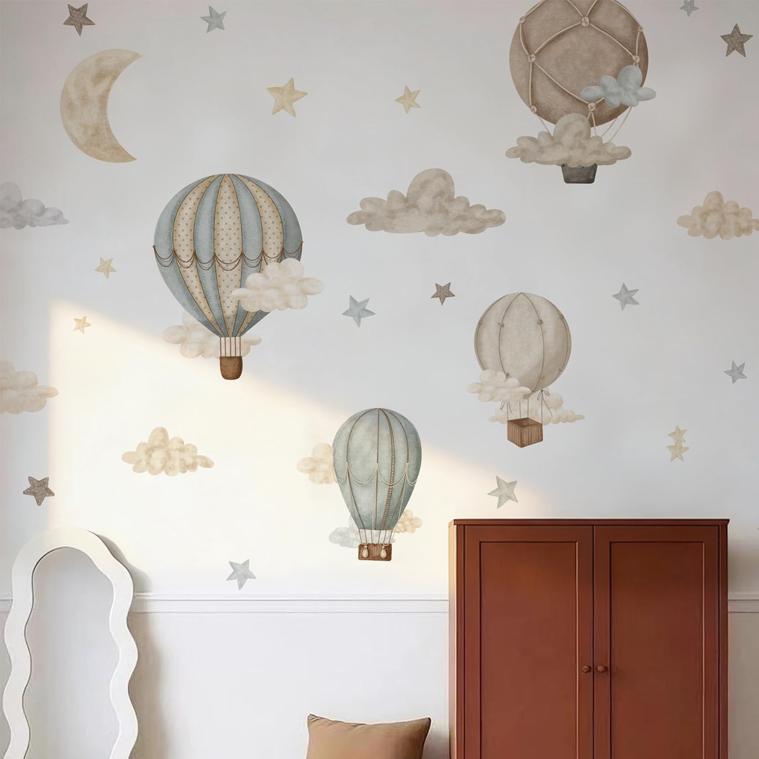 Calcomanía de pared de tela con diseño de globo aerostático de acuarela, estrellas y nubes, calcomanías para bebé, guardería, habitación de niños, decoración de sala de juegos