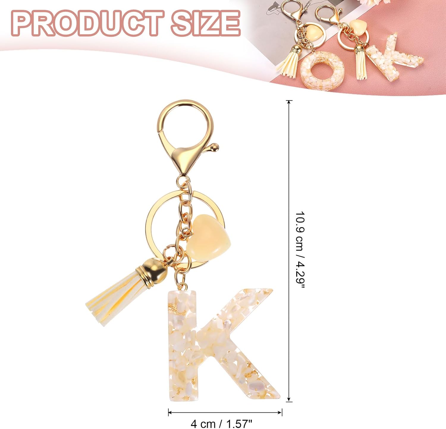 PATIKIL Alphabet Initial Letter Keychain, Resin Cute Keychains with Tassel Heart Letter K Pendant Charm for Women Key Purse Handbag Backpack Bag Accessories, Beige - Image 2