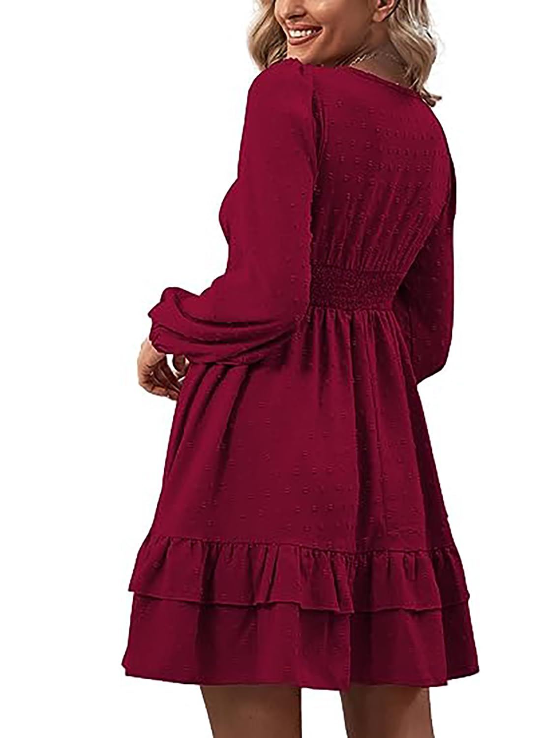 MAFA Damska minisukienka z dekoltem w serek, linia A, elegancka, wysoka talia, długi rękaw, sukienka na, burgundowy, XL