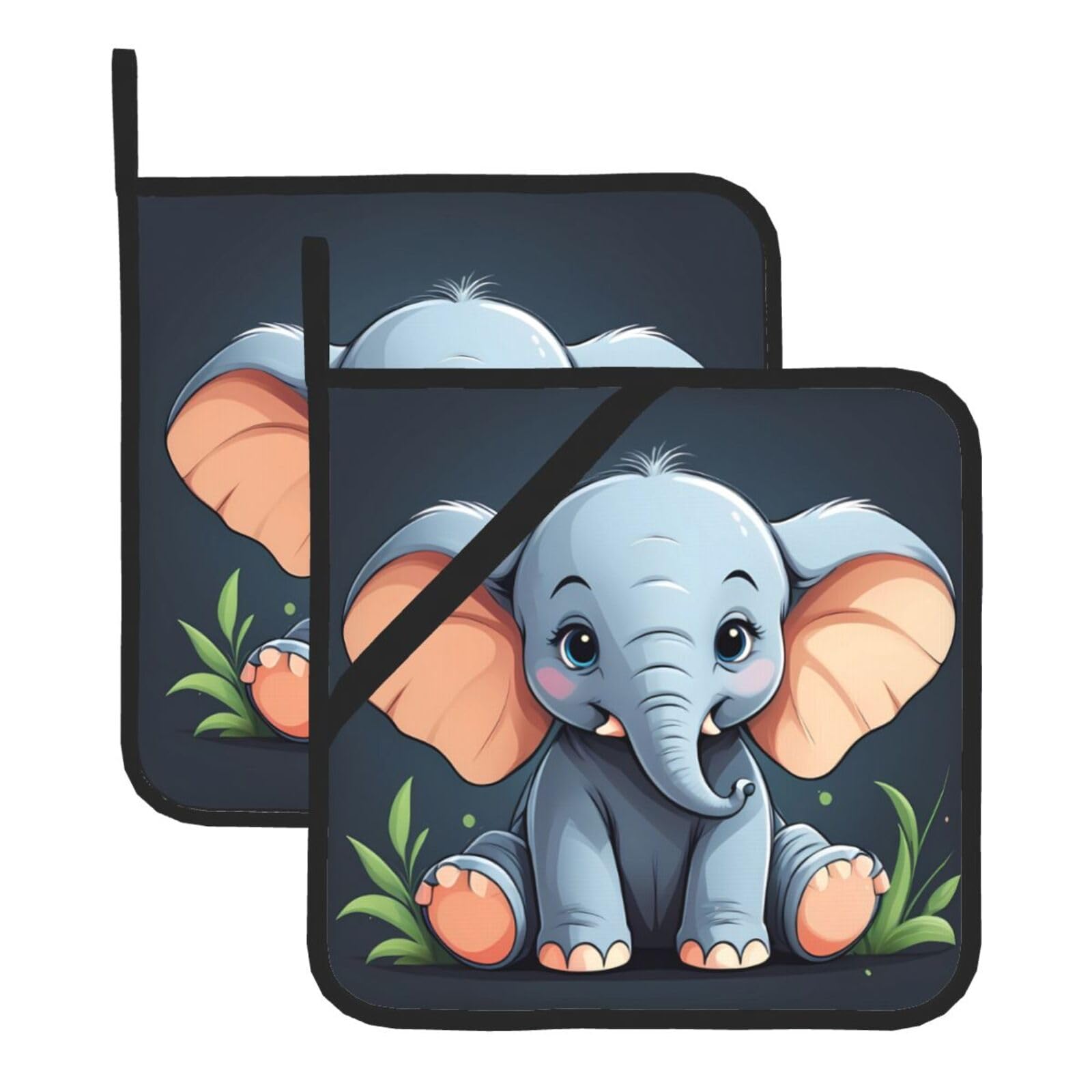 HJFCZH Elephant Baby Printed Square Insulated Pot Mat Set (2-Piece) 8x8in Waterproof, Thickened & Easy to Clean with Lanyard Design for Kitchen, Oven & BBQ