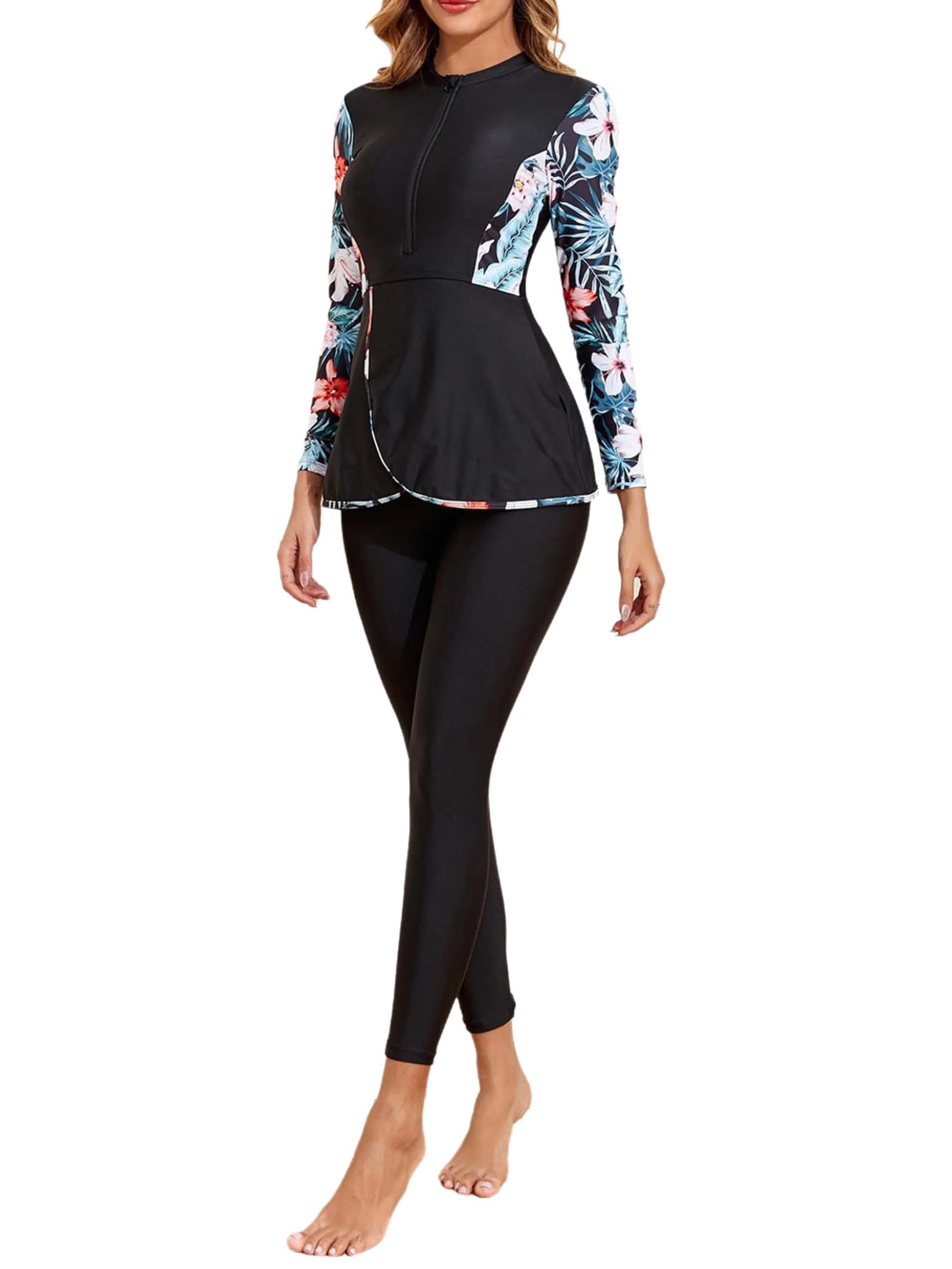 Femme Maillot de Bain 2 Pièce Imprimé Floral Burkini Combinaison et Pantalon de Sportt Legging Rashguards Protection UV