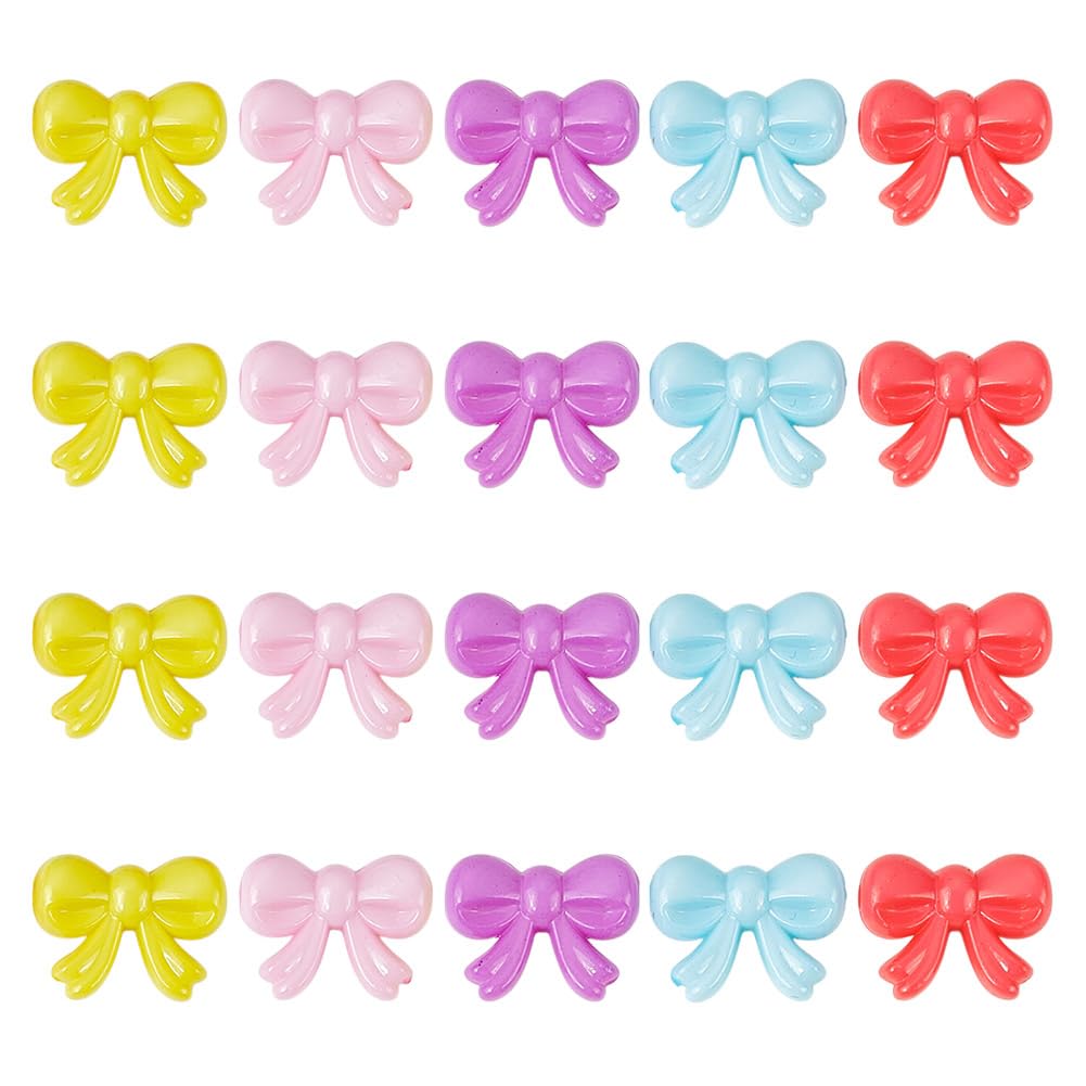 HOBBIESAY 5 Colors 100Pcs Colorful Acrylic Bow Beads 20mm Bowknot Aesthetic Loose Beads Cute Bow Spacer Craft Bead Bulk for DIY Bracelets Earring Necklace Jewelry Making Craft,Hole:2mm