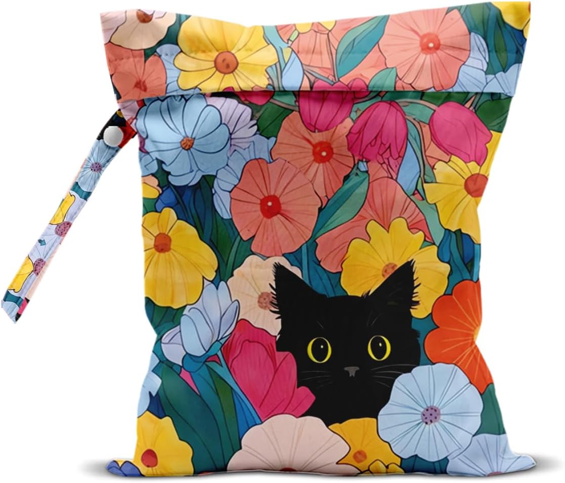 Black Cat Floral Wet Dry Bags Reusable Waterproof Wet Bags Swimsuit Bag Diaper Pouch for Travel Towels Beach Gym Cat Gifts for Women Friend Travelers 10 x 13 Inches