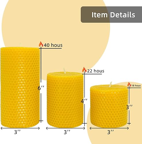 Miniatura 2 de Juego de 3 velas de pilar de cera de abejas, tamaño 3 x 6 pulgadas, 3 x 4 pulgadas y 3 x 3 pulgadas, hoja de vela de cera de abejas naturales