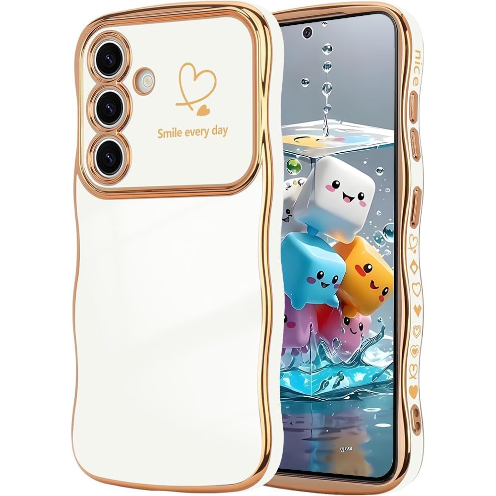 Protective Case for Samsung Galaxy S25 FE 5G, Love Heart and Wave Pattern, Curly Shape Case, Silicone TPU Anti-Shock Galvanized Case Cover for Samsung S25 FE, White