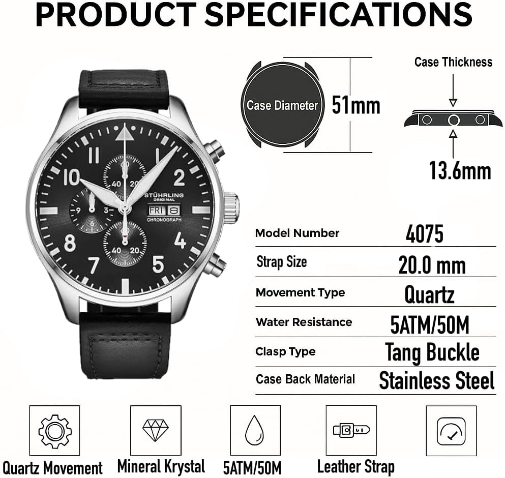 Stuhrling Original Navigator Chrono 4075 Men's Pilot Chronograph – Sunray Dial, Luminous Markers, Quartz, Mineral Crystal, Leather Strap, 50M Water Resistant