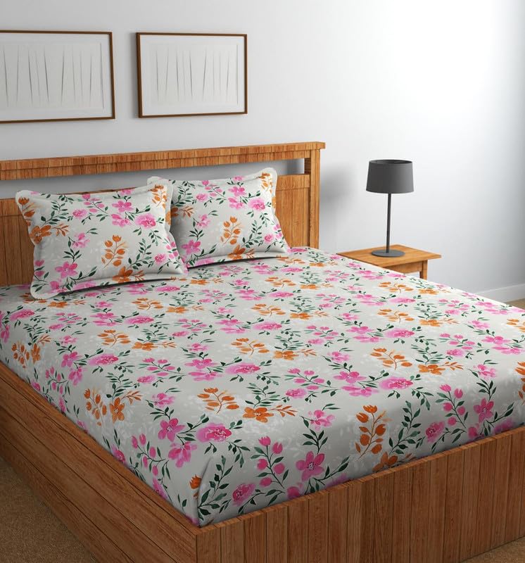 Image of Jashan Premium Cotton Fitted Bedsheets with 2 Pillow Covers for King Bed | 200-220 TC | Size 78x72+10 Inches | Pink Green White | Soft, Durable, All-Around Elastic Modern Collections