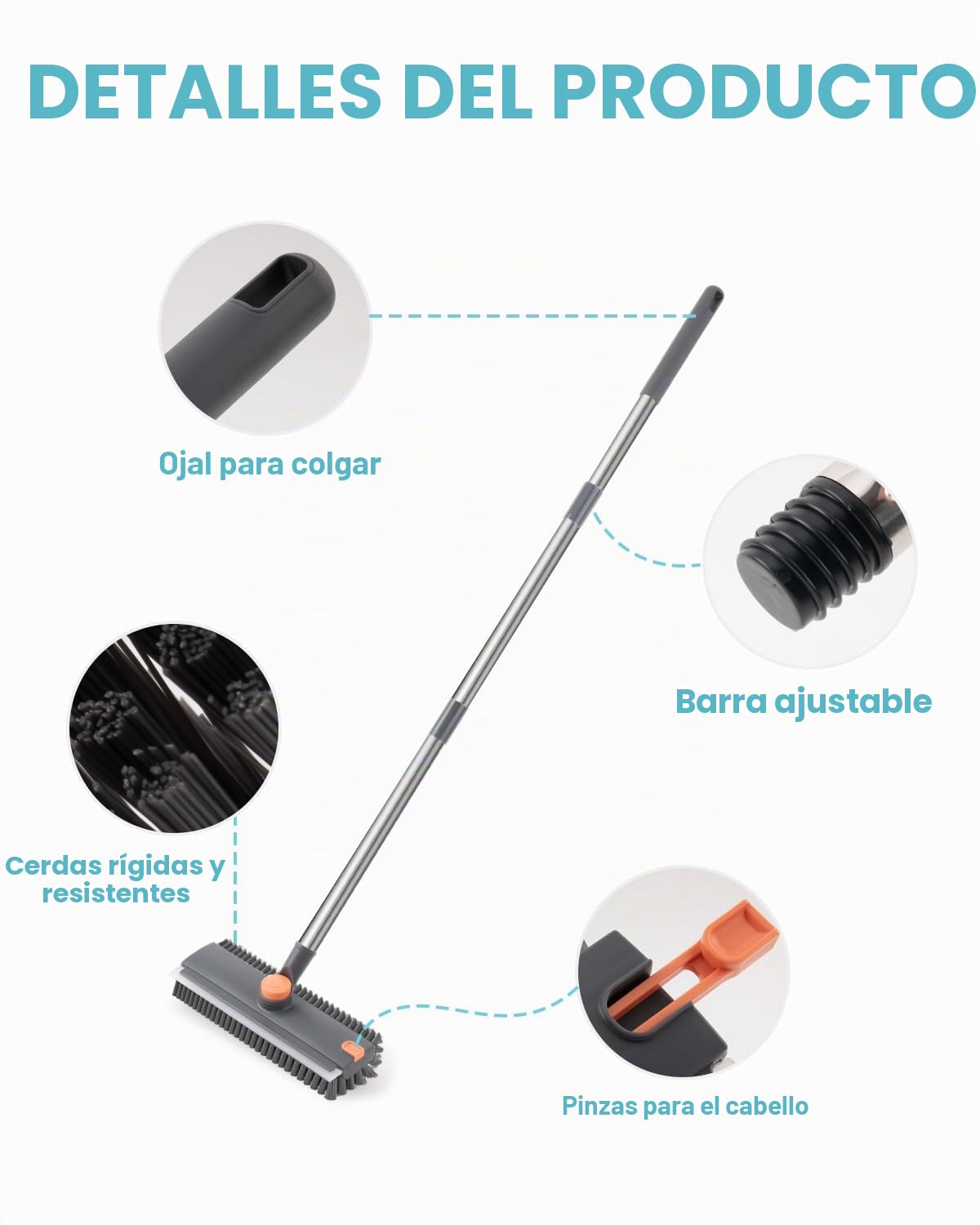 Cepillo para fregar el suelo con mango largo ajustable (70/100/130 cm), fregador de suelos 3 en 1 con pinzas, cerdas rígidas y escobilla de goma, cepillo de suelo para la limpieza de terraza, baño