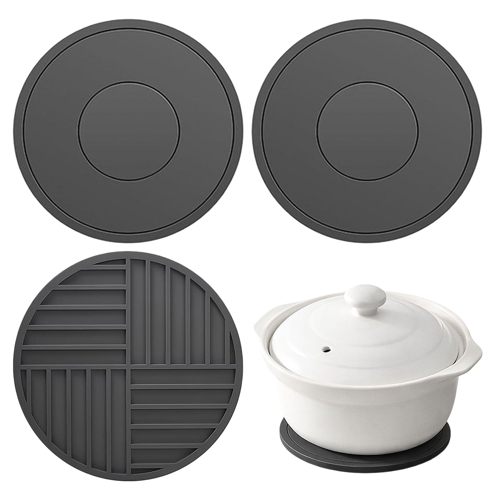KinetiCore 3 Pack 16cm Round Silicone Trivets, Heat Resistant Mats Up to 450°F, Non-Slip Heatproof Pot Holders for Hot Pans, Kitchen Countertops, Tables & Multipurpose Kitchen Accessories (Dark Grey)