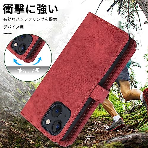 NKECXKJ iPhone 14 用 スマホケース いphone14 肩掛け 首かけ 斜めがけ ショルダー PU革レザー iphone14 多機能 チャック付き 財布型 カバー アップルアイフォン アイホン14 手帳型 ケース カード収納 あいふおん14 i phone14 小銭入れ 横置き スタンド機能 マグネットバックル付き 指紋防止 落下防止 薄耐衝撃 全面保護 レディース メンズ(赤)