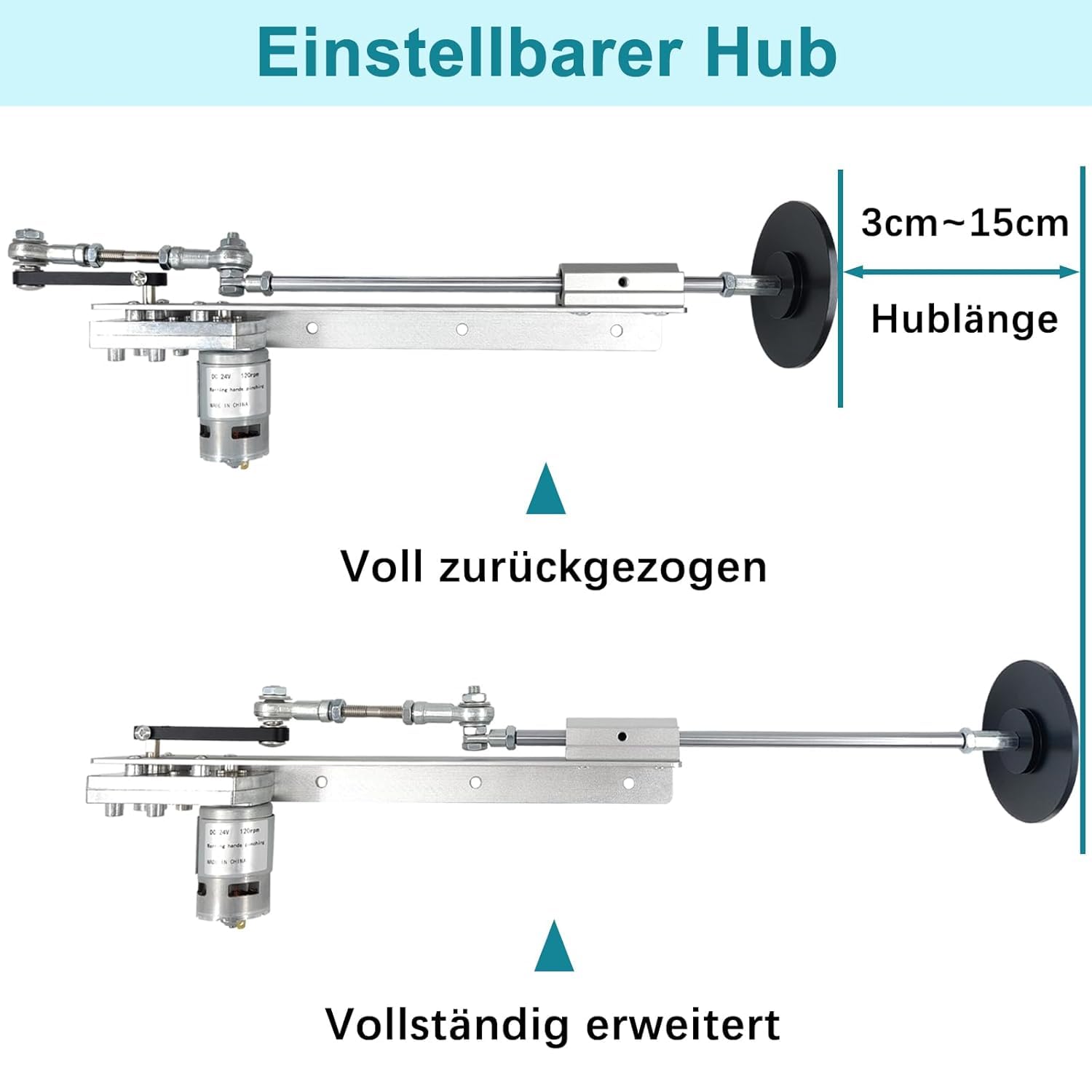 Hubkolbenmotor Linearaktuator DC 24V 160rpm Hub 30-150mm mit Saugnapf und Geschwindigkeitsregler, einstellbarer Teleskopmotor DIY Motor (24V150MM160RPM)