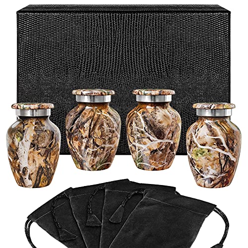Trupoint Memorials Small Urns for Human Ashes Keepsake, Camouflage and Hunters Decorative Mini Cremation Urn for Adult Men & Women, Set of 4, Brown