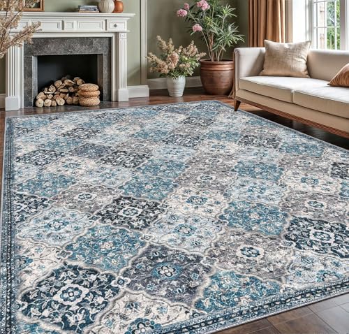 KILOCOCO 9x12 Area Rug, Moroccan Super Soft Washable Entryway Rug, Accent Print Faux Wool Non-Slip Boho Carpet for Laundry Room Bedroom, Blue/Multi