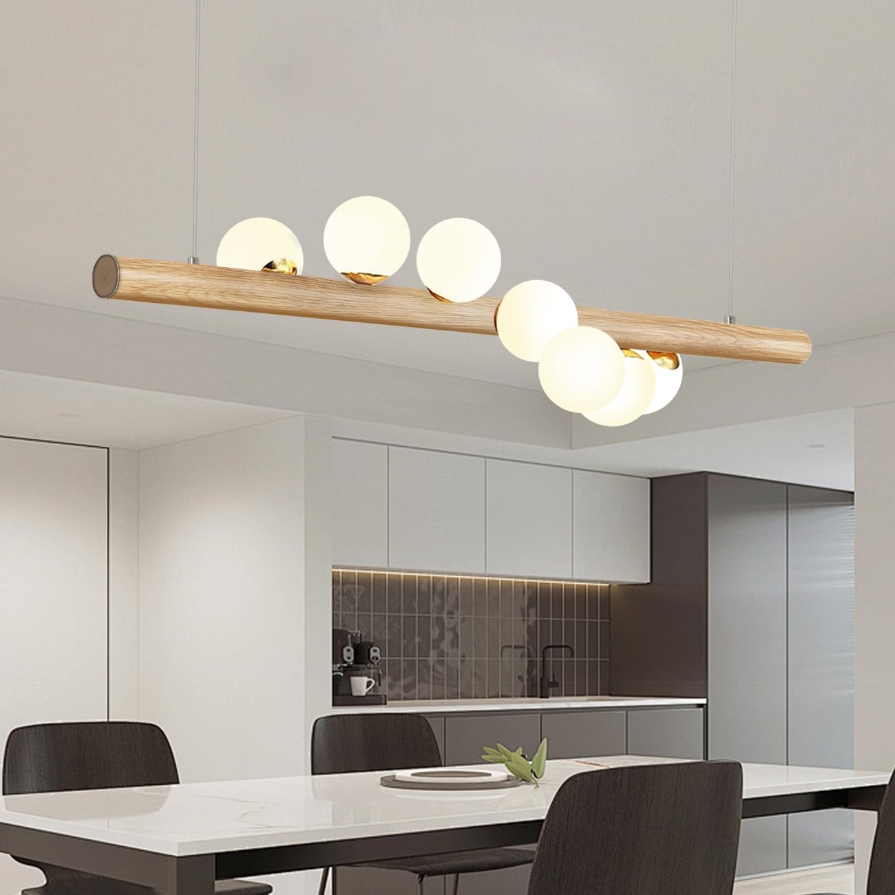 Lampada a sospensione Legno Lampada da tavolo da pranzo Vintage,La trave di legno è lunga 120 cm, con 7 sfere di vetro - regolabile in altezza,Lampadario per Della Bar Sala da Pranzo