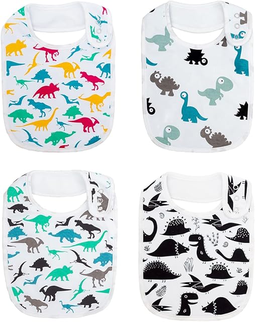Large Dinosaur Cotton Baby Bibs for Girls Boys Drooling Feeding Eating Teething for 4 Pack