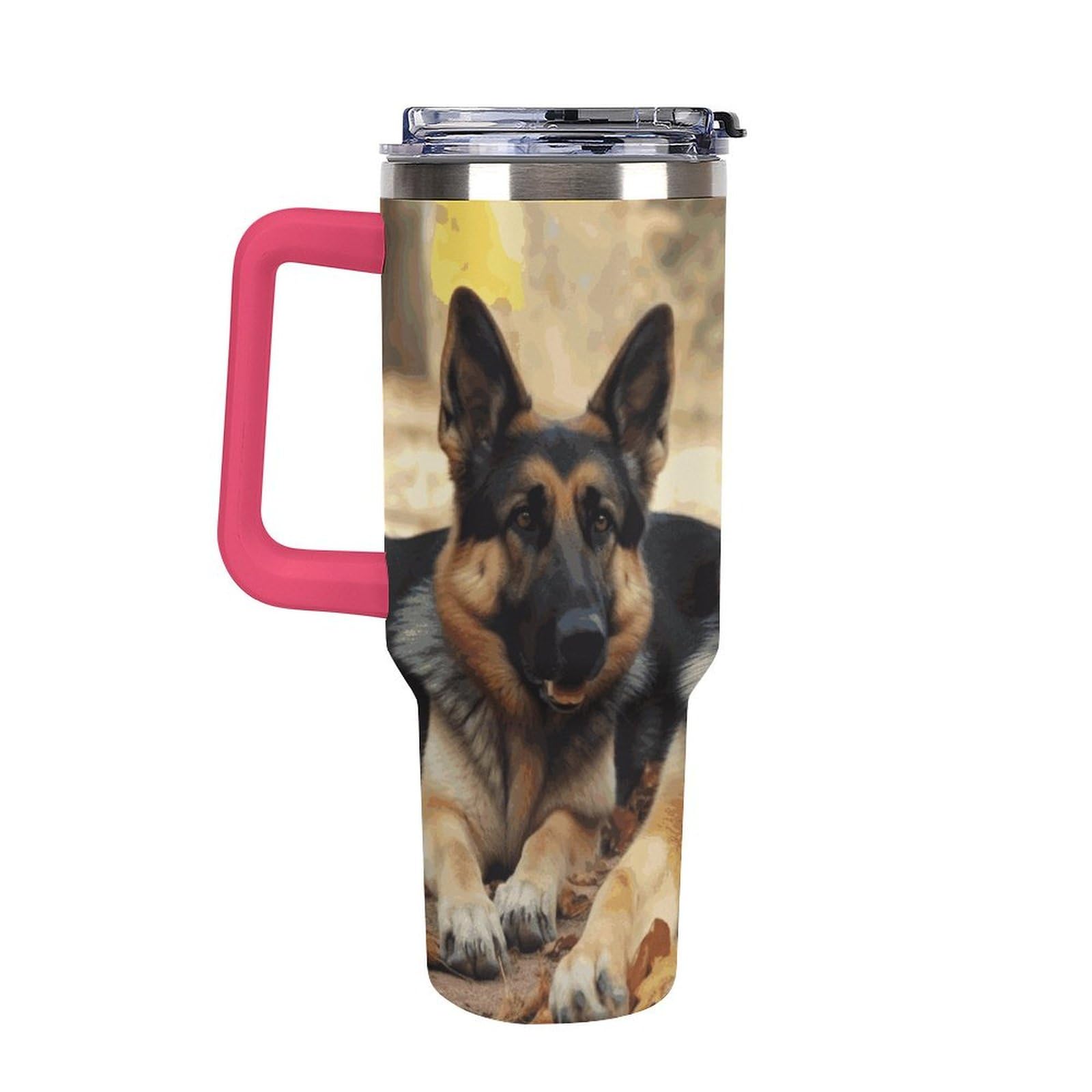 Autobecher mit großem Fassungsvermögen und Strohhalm-Deckel, deutscher Schäferhund, auslaufsicher, isoliert, Edelstahl, passt in Auto-Becherhalter