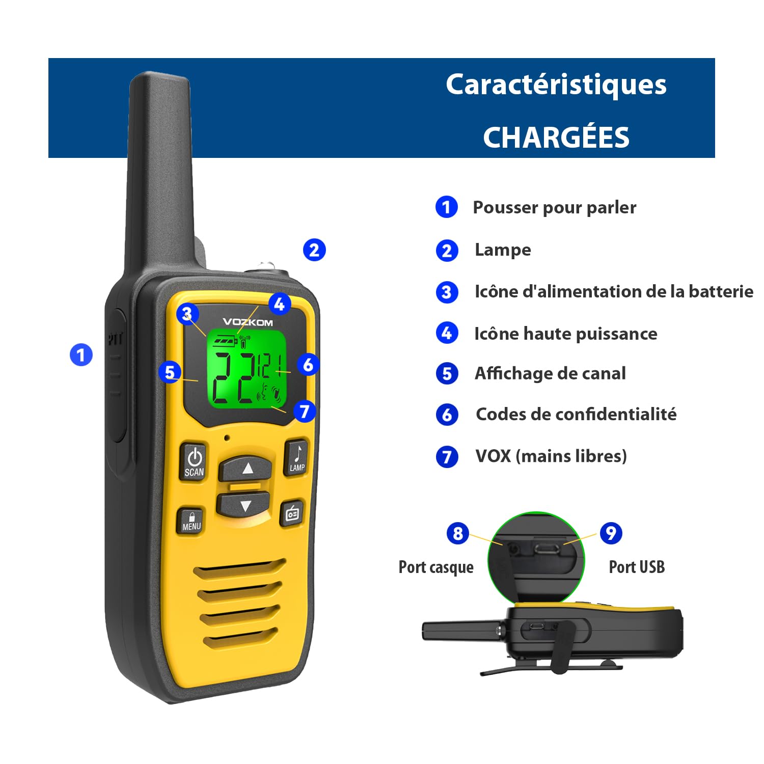 Talkie-walkie professionnel pour adultes, rechargeable, longue distance, sans licence, 36 canaux VOX, radios bidirectionnelles avec radio FM