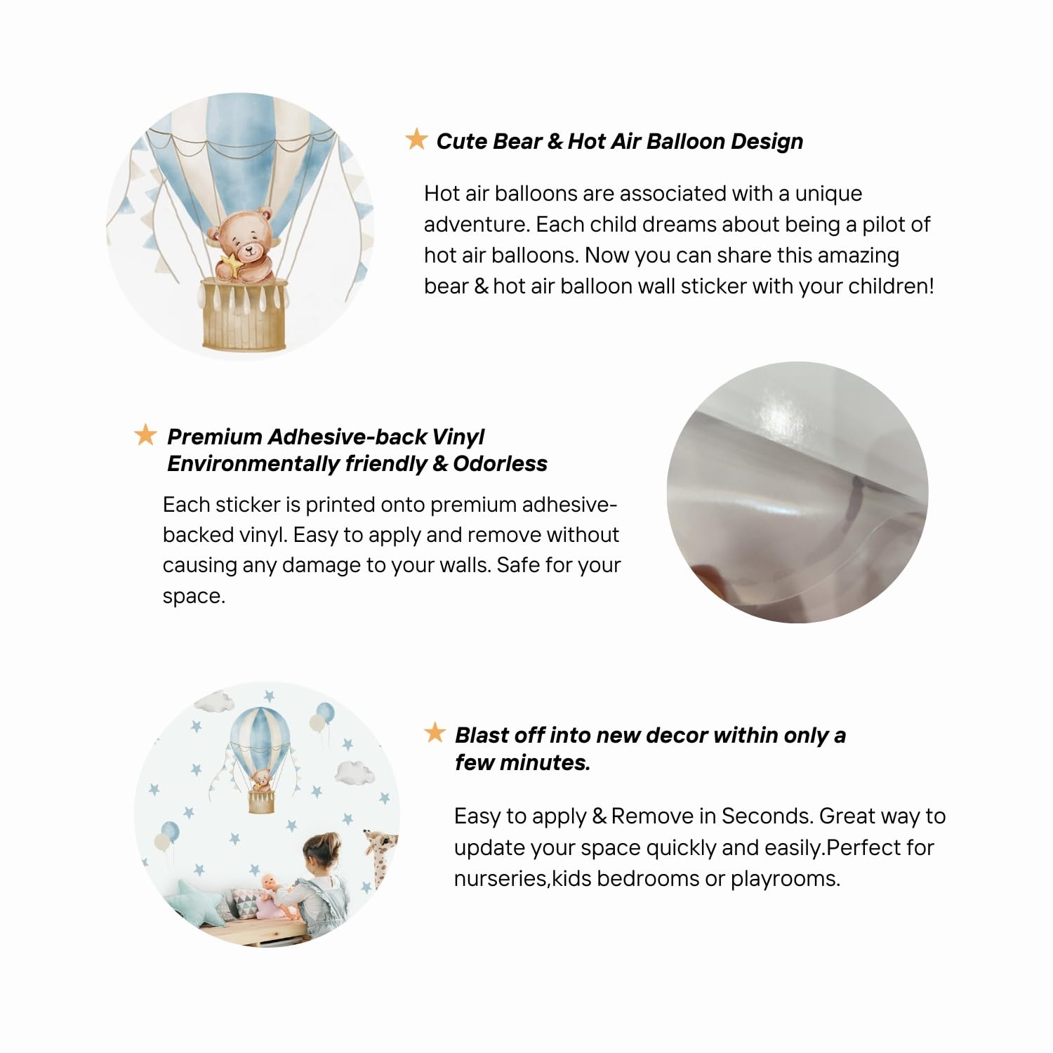 JoyuHome Hot Air Balloon Wall Decal, Watercolor Wall Art for Kids,Bear Stickers for Boys, Nursery Wall Decorations 16.32"x14.56"