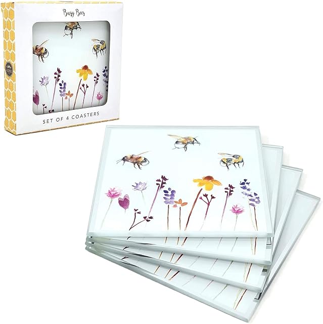 The Leonardo Collection Set of 4 Watercolour Busy Bees Glass Dining Table Coasters by Jennifer Rose Gallery