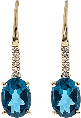 14K Yellow Gold Genuine London Blue Topaz Earrings with Diamonds for women | Ethically, authentically & organically sourced (Oval-Cut) shaped London Blue Topaz hand-crafted jewelry for her | London Bl