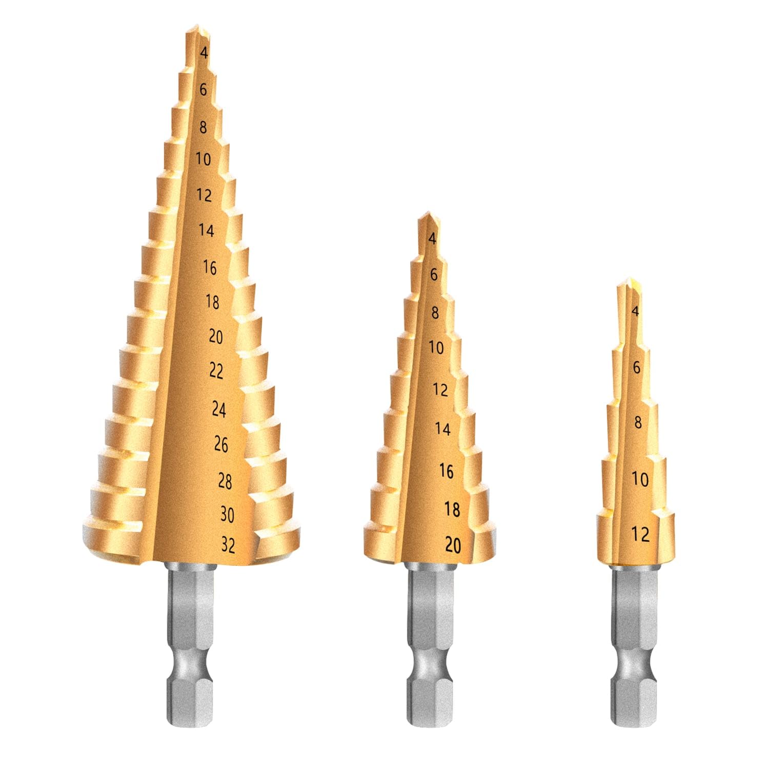3 Pcs Step Drill Bit Set for Metal, Wood & Plastic, Titanium Coated High Speed Steel Cone Drill Bits with Hex Shank for DIY, Electric Drill & Industrial Use-image-30