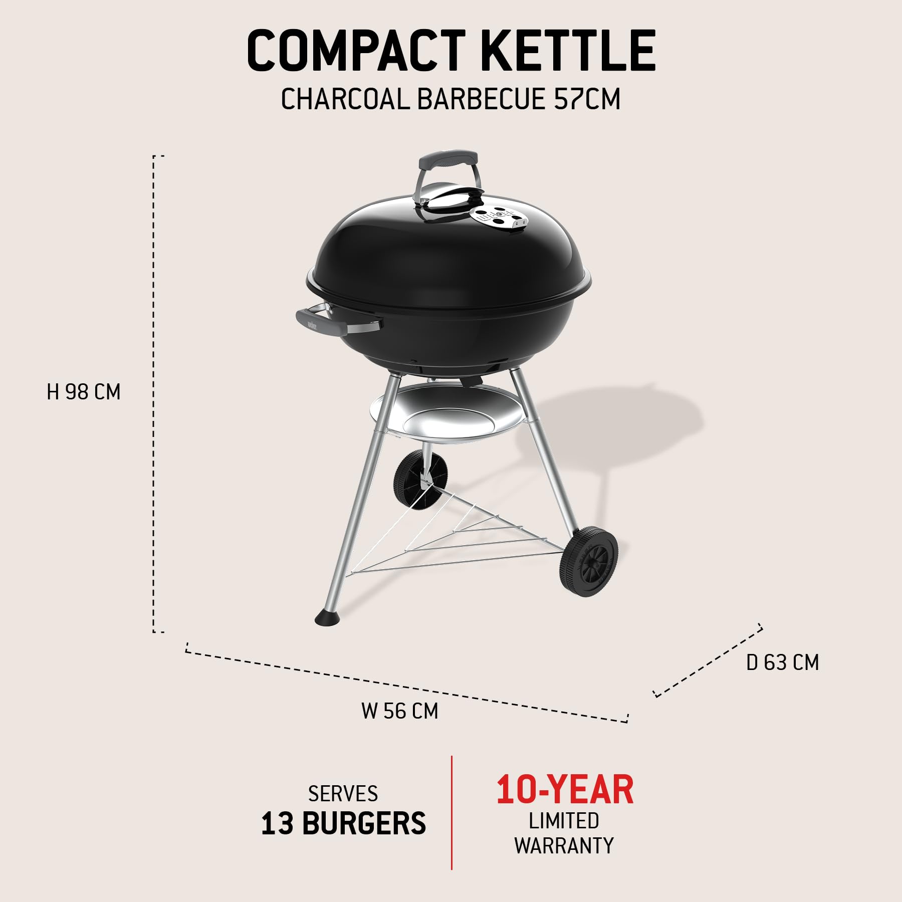 Weber Grill Węglowy Weber Compact Kettle (Wersja 2026), Trójnóg i Kółka, Odporny na Ciepło i Rdzę, Chromowany Ruszt Trójwarstwowy, 57 cm, Czarny
