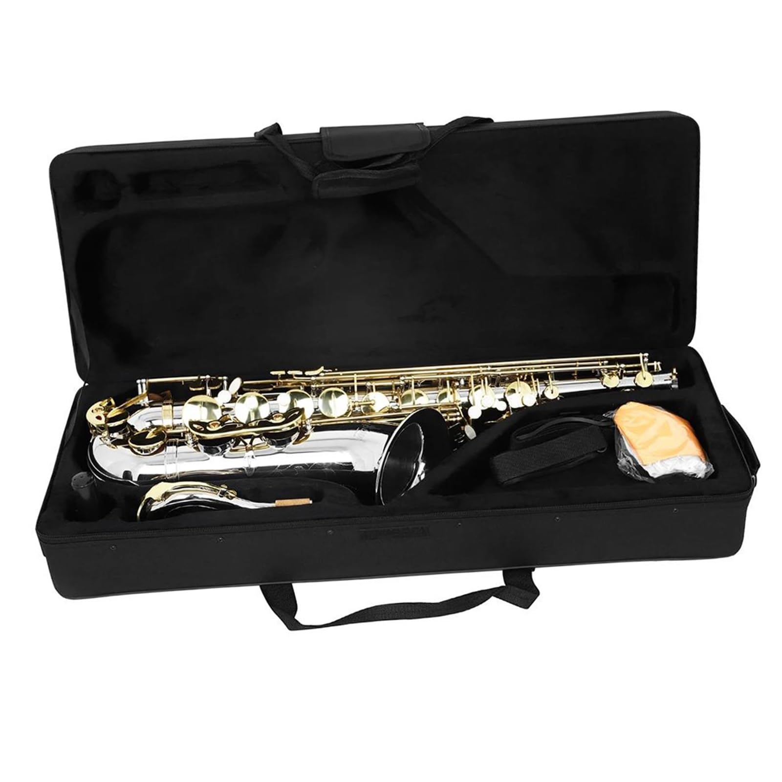 Saxofón Tenor en SIB, Instrumento Musical de latón para Principiantes y Adultos, Color Plateado y Dorado, con Estuche y Cepillo.,B