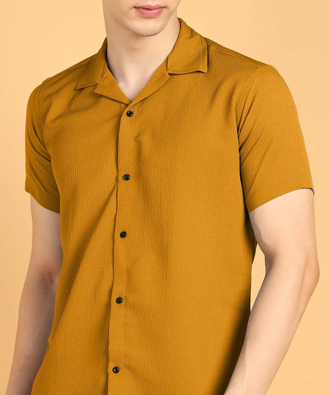 Image of COMBRAIDED Men's Solid Cotton Blend Half Sleeve Shirt - Regular Fit Casual Button-Down Shirt for Office & Travel - Summer & Spring