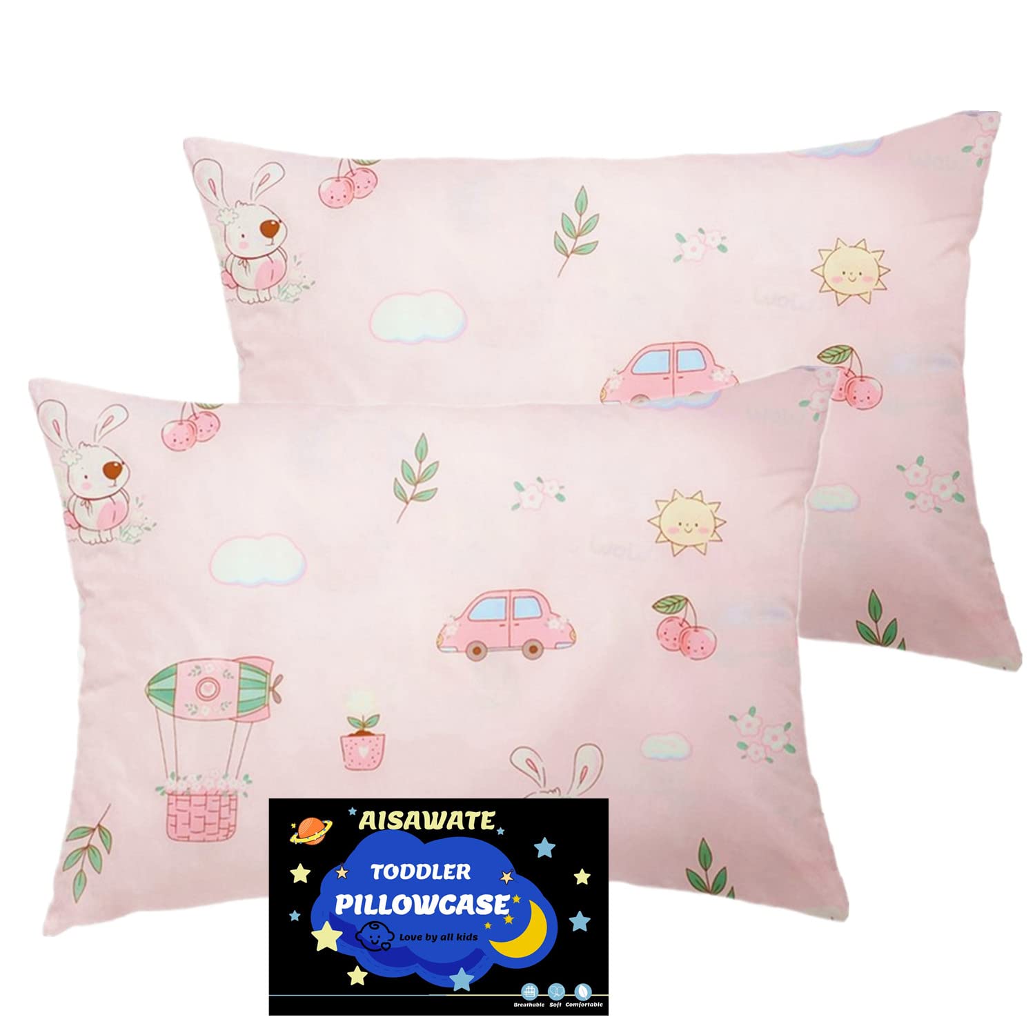 AisawateBaby Toddler Pillowcase 2 Pack, Cot Bed Pillow Pair Cases 40 x 60cm, 100% Cotton Soft Pillow Cover for Boys Girls Kids Bedding, Envelope Closure Machine Washable Travel Pillow Pillowcase
