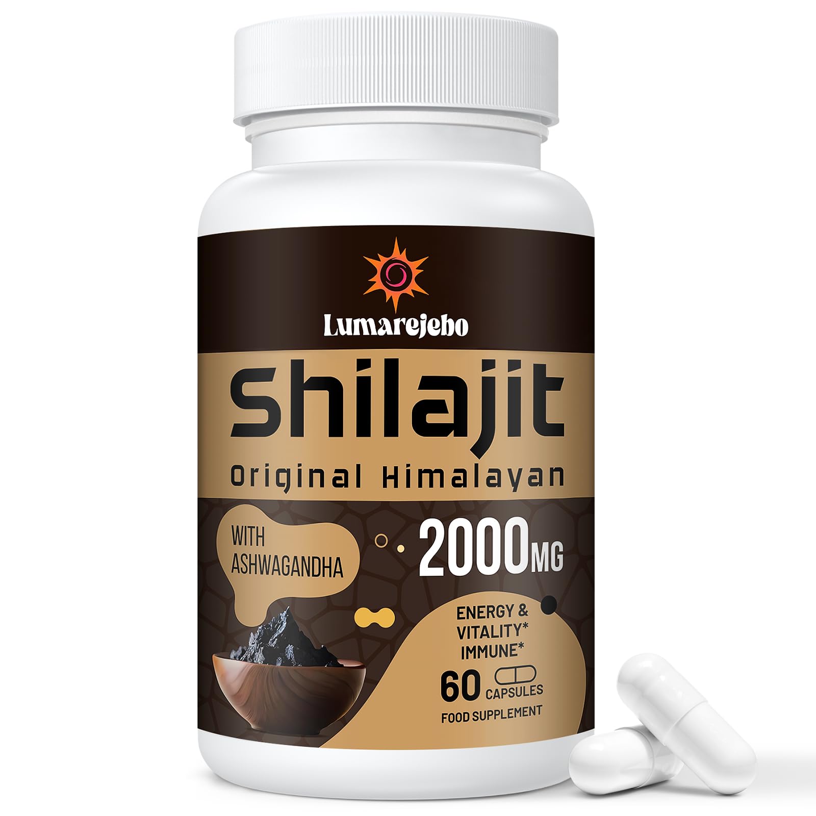Shilajit Capsules 2000MG, Gold Grade 100% Pure Himalayan Shilajit, High Strength with Ashwagandha, 60% Fulvic Acid & Minerals, Energy & Immune Support for Men & Women, 60 Count (Pack of 1)