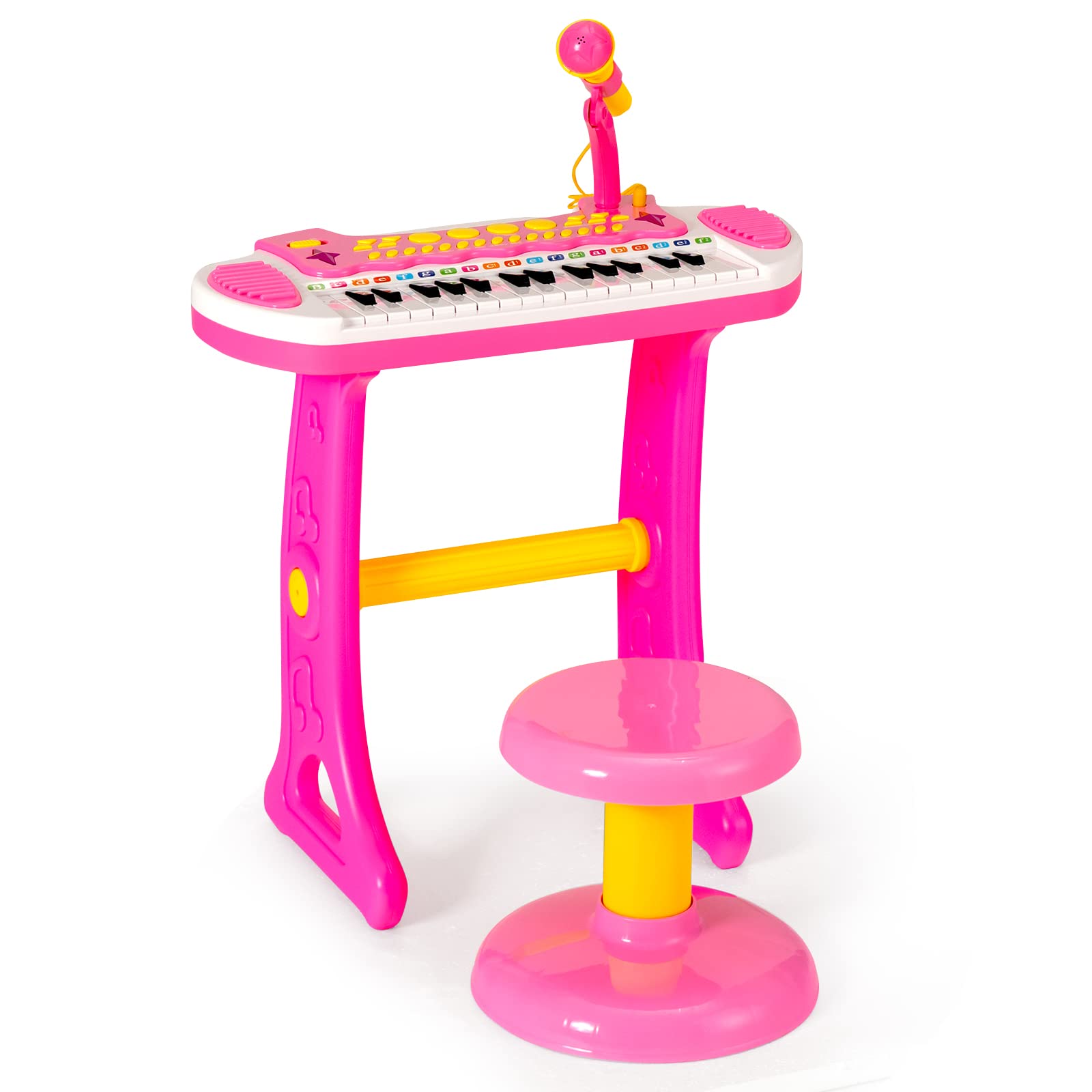 KOMFOTTEU Juego de Teclado de 31 Teclas para Niños, Piano Infantil con Efectos de Luz de Sonido y Micrófono, Juguete de Piano Electrónico con Taburete, Teclado para Niños 3 + (Rosa)