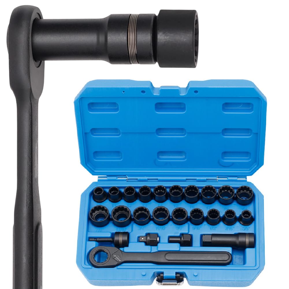 Lecreatekit Juego de llaves de vaso, carraca de paso de 24 piezas con llaves hexagonales y 12 puntas, métricas de 10 mm a 19 mm y 3/8-7/8 pulgadas, para reparación de automóviles