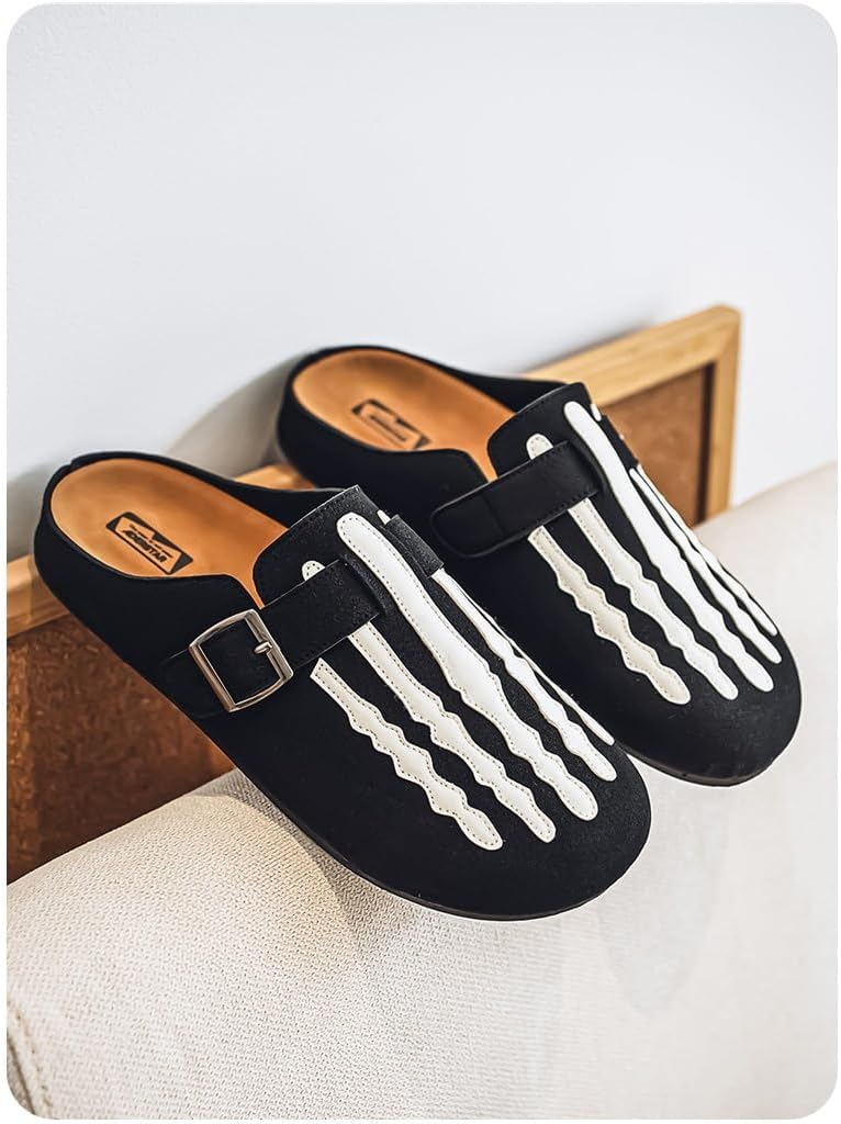 Gothic Faux Suede Slip On Mules for Men Casual Indoor Outdoor Streetwear Clogs with Funny Skeleton Bone Graphic and Adjustable Buckle Strap