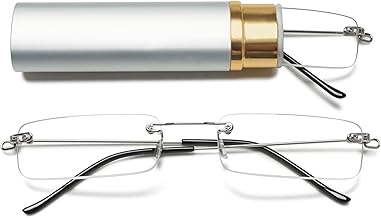 Lanomi Mini Frameless Reading Glasses Blue Light Filter Slim Women Men Ultralight Rectangle Rimless Reading Aid Small Glasses with Metal Case