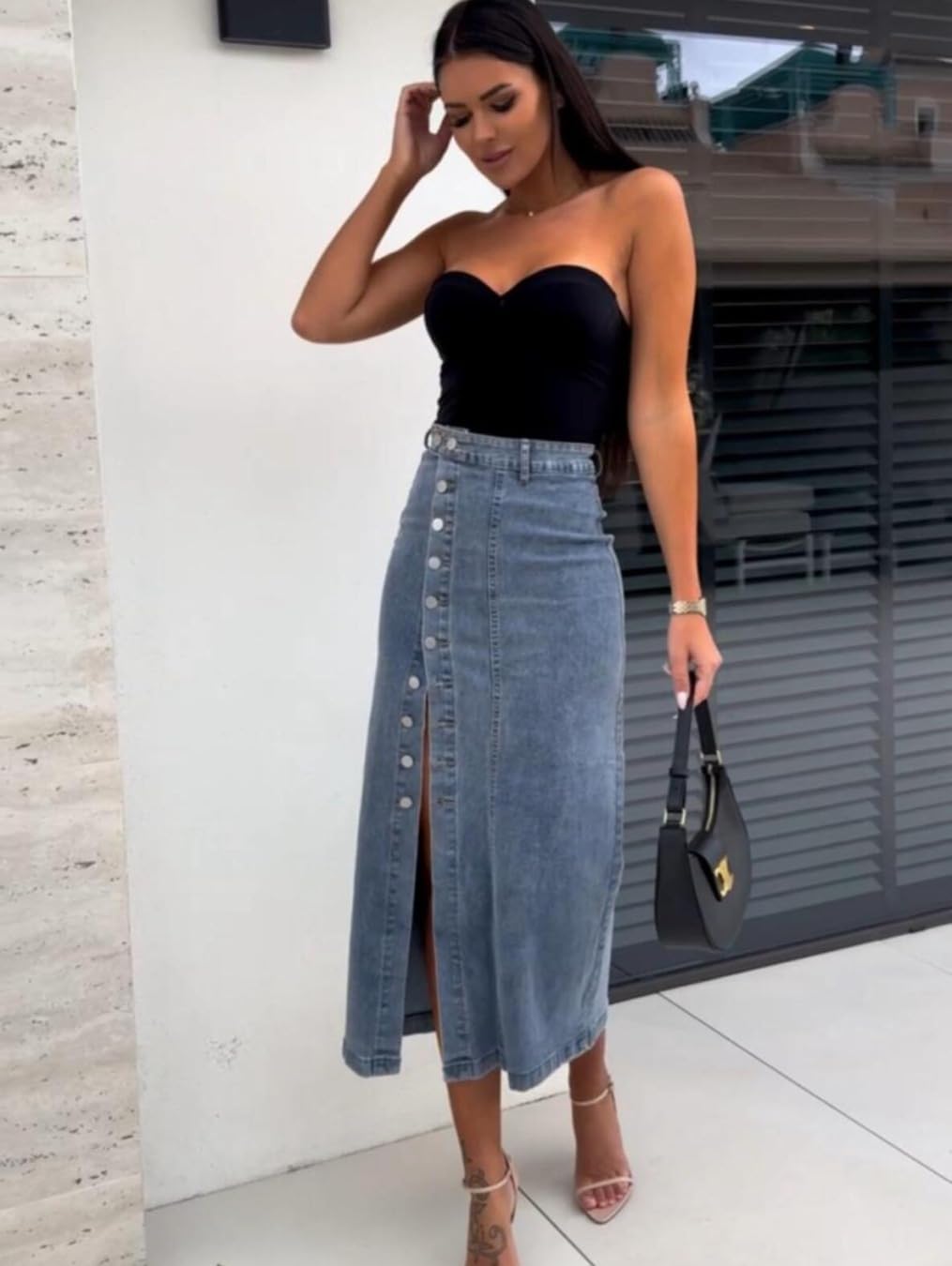 utcoco Women's Sexy Slim Fit Long Denim Skirt High Waist Button Down Side Slit Jean Midi Skirt - Image 5