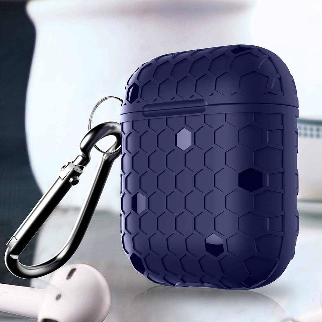 CHENCHUAN Earphone Charging Box Protective Case HX-0010-ZQW Anti-fall TPU Football Texture Wireless Bluetooth Earphone Protective Case for Apple AirPods 1, with Hang Buckle (Black) Used for Wireless B