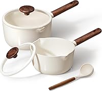 CAROTE 2QT & 3QT Ceramic Nonstick Saucepan Set with Lids & Ladle - PFAS/PTFE Free, Induction Compatible, Non-Toxic White Pots
